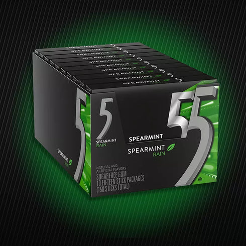 5 Gum Spearmint Rain Sugarfree Gum, 15 Sticks Per Pack, 10 pk.