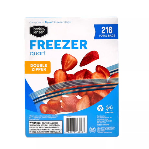 Berkley Jensen Freezer Quart Double Zip Bags, 216 ct.