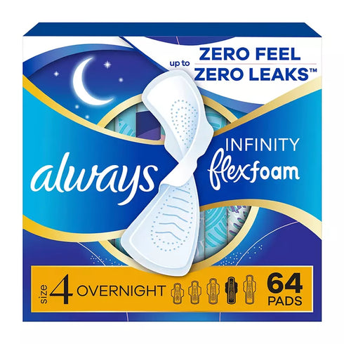 Always Infinity FlexFoam Overnight Pads Size 4 with Wings Unscented, 64 Count