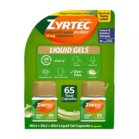 Zyrtec 24-Hour Allergy Relief Medicine Liquid Gels, 10mg Cetirizine HCl Antihistamine, 65 ct
