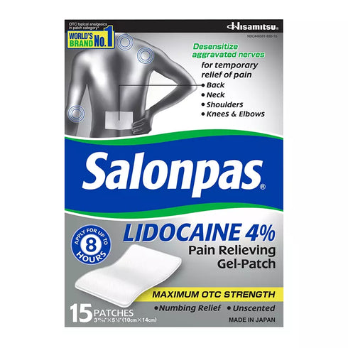 Salonpas Lidocaine 4% Pain Relieving Gel Patch, 15 ct