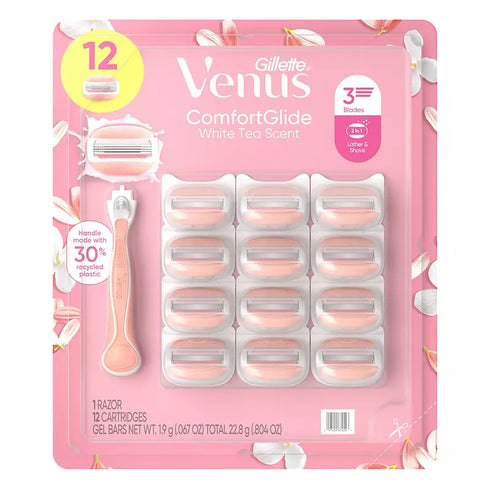 Gillette Venus ComfortGlide Women's Razor Kit White Tea Scent, 1 Handle + 12 Blade Refills