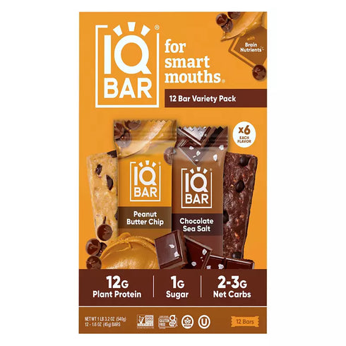 IQBAR Plant Protein Bars Chocolate Sea Salt Peanut and Butter Chip Variety Pack, 12g Protein, 12 ct