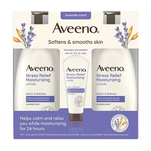 Aveeno Stress Relief Moisturizing Body Lotion with Lavender Scent, 2 Pump Bottles + Bonus Tube