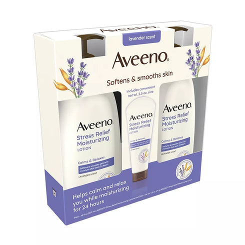 Aveeno Stress Relief Moisturizing Body Lotion with Lavender Scent, 2 Pump Bottles + Bonus Tube