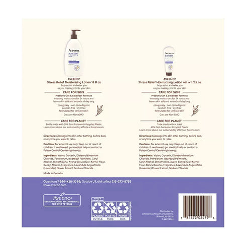 Aveeno Stress Relief Moisturizing Body Lotion with Lavender Scent, 2 Pump Bottles + Bonus Tube