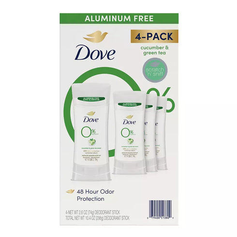 Dove 0% Aluminum Deodorant Stick Cucumber & Green Tea, 4 Pack 2.6 oz Each