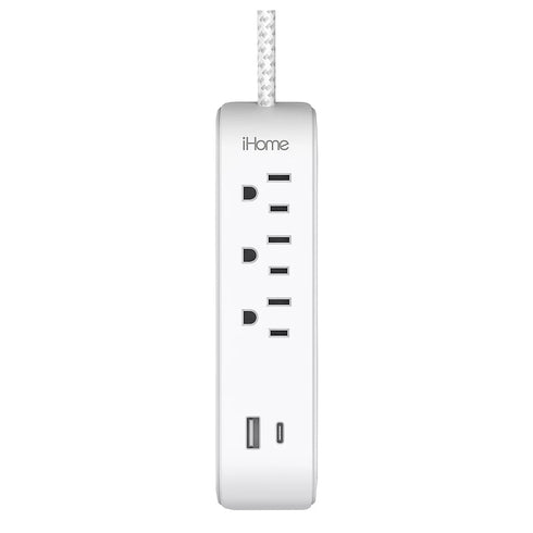 iHome Power Strip with USB Ports and Long Power Cord – White