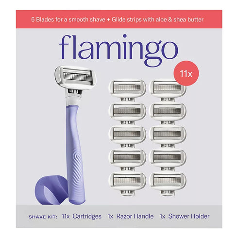 Flamingo Women's Razor Shaving Kit, Lilac Handle with 11 Blade Refills & Holder
