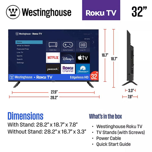 Westinghouse 32" HD Roku Smart TV with Voice Remote, HDR Streaming & 3-Year Protection Plan