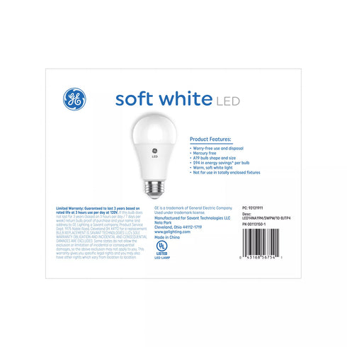 GE 100W General Purpose LED A19 Light Bulbs, 4 pk. - Soft White