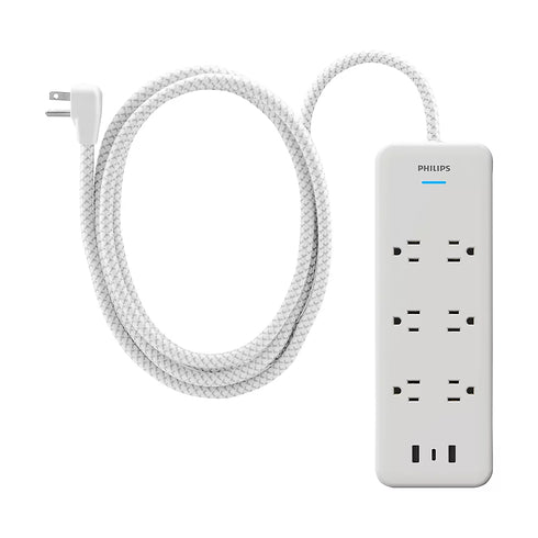 Philips 2-Pack Surge Protector Set: 6-Outlet Surge Protector with USB-A/USB-C + 3-Outlet Power Strip, 6 ft., White
