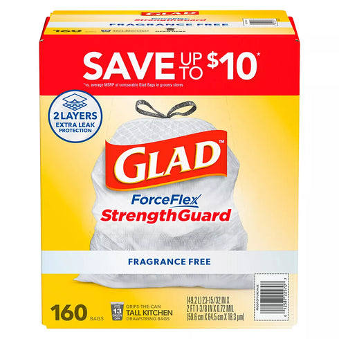 Glad ForceFlex Tall Kitchen Drawstring Trash Bags, Fragrance Free, 160 Count (13 Gal) | Strong & Stretchable
