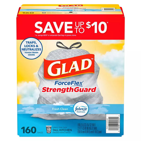 Glad ForceFlex Tall Kitchen Drawstring Trash Bags, Fresh Clean Scent with Febreze, 13 Gallon, 160 Count