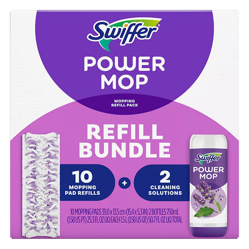Swiffer PowerMop Multi-Surface Refill Bundle, 10 Mopping Pads + 2 Floor Cleaning Solutions