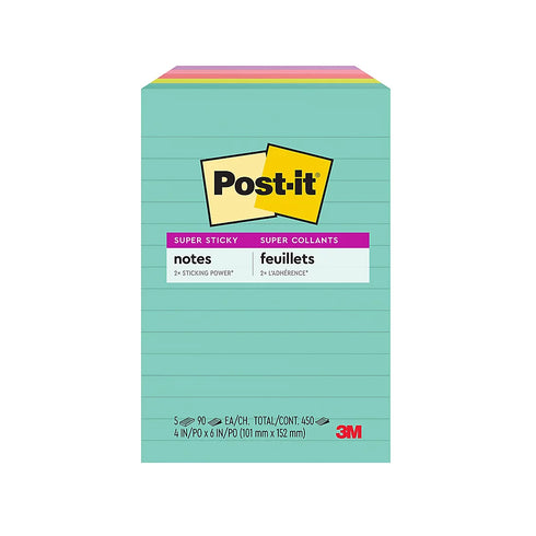 Post-it Super Sticky Notes 4" x 6" – Supernova Neons Lined Notepads, Strong Hold for Classrooms