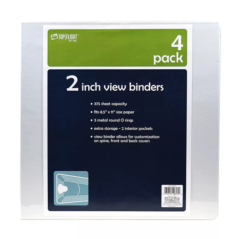 Top Flight 2" View Binders, 4-Pack – Durable Clear-Cover 3-Ring Binders for School