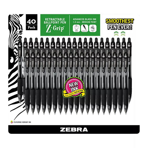 Z-Grip Retractable Ballpoint Pens 1.0mm Black – 40 Pack Smooth Writing Pens