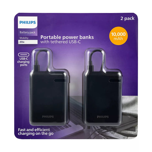 Philips 10,000mAh USB-C Power Bank with Built-In USB-C Cable, 15W Fast Charge – Black, 2-Pack
