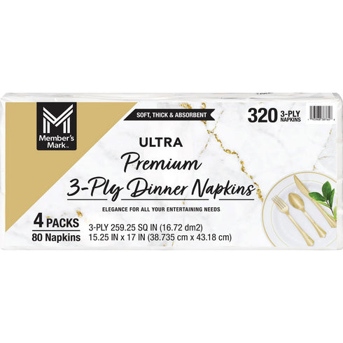 Member's Mark Ultra Premium 3-Ply White Dinner Napkins, 4 Packs, 80 Napkins per Pack