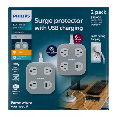 Philips 2-Pack Surge Protector with USB-A & USB-C, 3-Outlet, 245J, 6ft Braided Cord – Gray/White