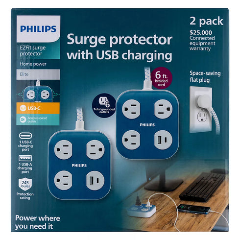 Philips 2-Pack Surge Protector with USB-A & USB-C, 3-Outlet, 245J, 6ft Braided Cord – Blue/White