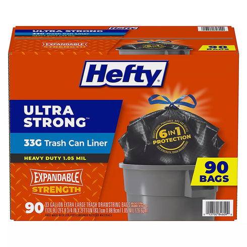 Hefty Ultra Strong Large Trash Can Liners, 90 Count (33 Gallon) | Durable & Tear-Resistant Garbage Bags