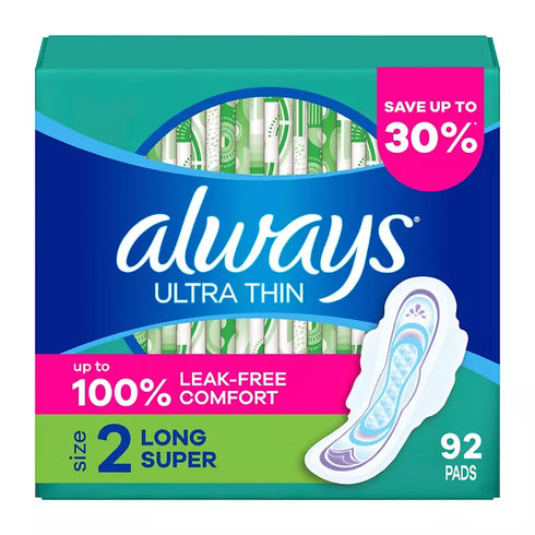 Always Ultra Thin Feminine Pads with Wings, Size 2 Long Super Absorbency, 92 Count