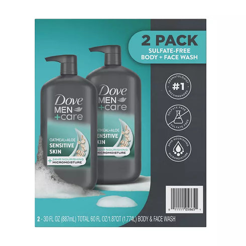Dove Men+Care Sensitive Skin Body & Face Wash Oatmeal + Aloe, 2 Pack 30 oz Each