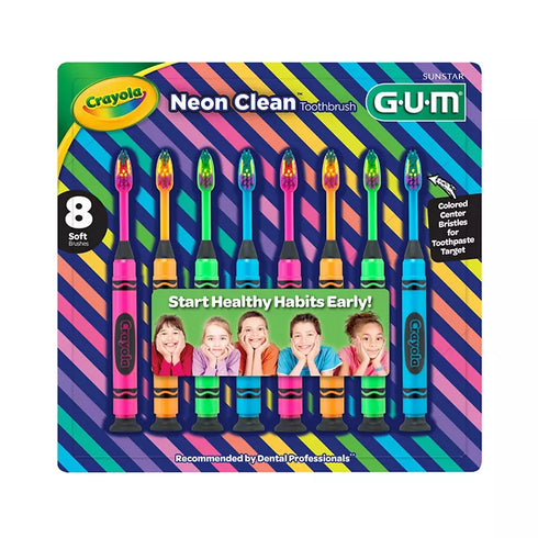 Gum Crayola Neon Clean Children's Toothbrush, Soft Bristled Kids Toothbrush Set, Age 3+, 8 ct