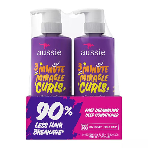 Aussie 3 Minute Miracle Curls Detangling Deep Conditioner with Coconut Oil, 2 Pack 16 oz Each