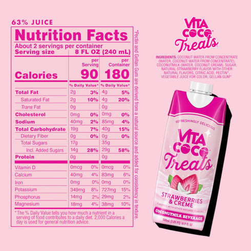 Vita Coco Treats, Strawberries and Cream, Coconut Milk Drink, 12 pk./330 ml.