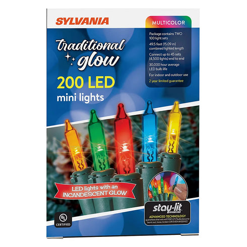 Sylvania StayLit Traditional Glow Multicolor LED Christmas Lights, 200 Count
