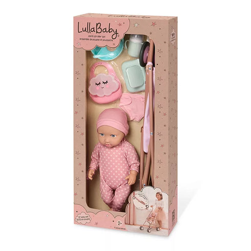 LullaBaby Doll & Stroller Playset includes a soft baby doll and easy-to-push stroller
