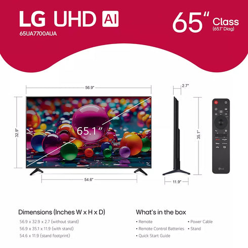 LG 65" UA7700 UHD AI 4K Smart TV with ThinQ AI, HDR, WebOS Smart Streaming & 4-Year Protection Plan