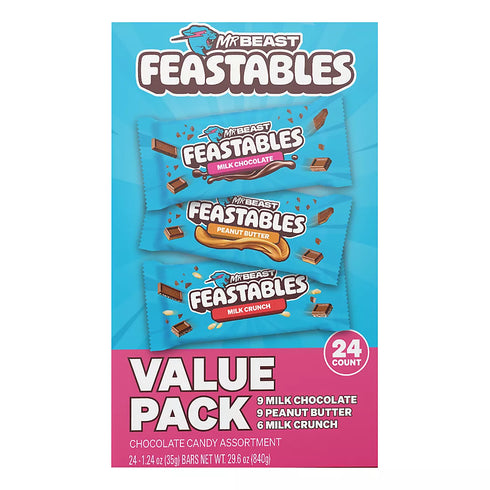 Feastables MrBeast Variety Pack Milk Chocolate Bars – Assorted Flavors, Individually Wrapped, 24 Count (1.24 oz Each)