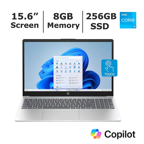 HP 15.6" Touchscreen Laptop – Intel Core i3, 8GB RAM, 256GB SSD, Windows with Microsoft CoPilot