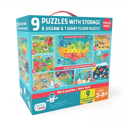 Buffalo Games Chuckle & Roar 9-Pack Kids Puzzles – Farm, Space, Ocean, Safari & World Map Themes
