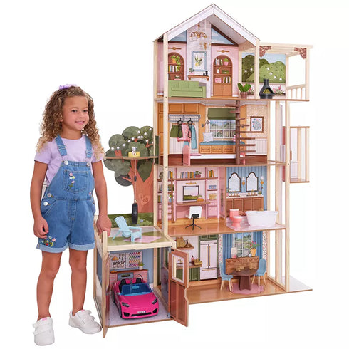 KidKraft Garden Party Dollhouse with Toy Car & 37-Piece Accessory Set – Multi-Level Wooden Dollhouse for Kids