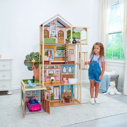 KidKraft Garden Party Dollhouse with Toy Car & 37-Piece Accessory Set – Multi-Level Wooden Dollhouse for Kids