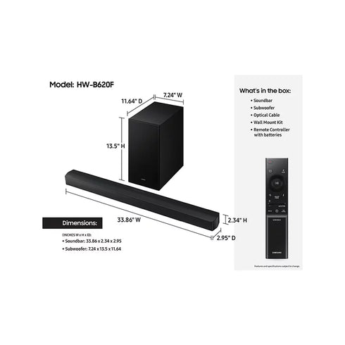 Samsung HW-B620F 3.1 Channel Soundbar with Wireless Subwoofer, Dolby Audio & Surround Sound Expansion