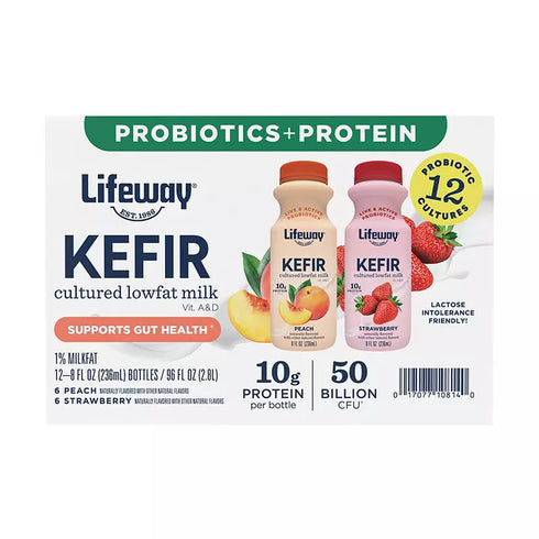 Lifeway Lowfat Kefir, Club Size Variety Pack, Strawberry, Peach, 12 pk./8 oz