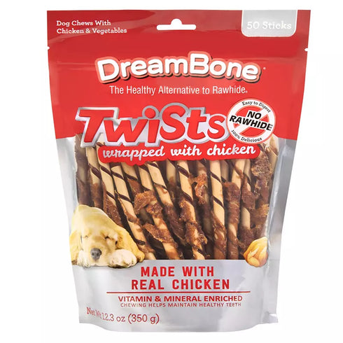 Dreambone Twists Wrapped with Real Chicken Dog Treats, Rawhide-Free High-Protein Chews, 50 Count
