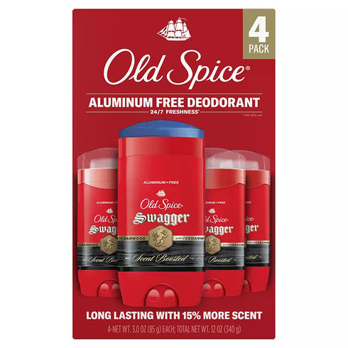 Old Spice Aluminum Free Deodorant for Men Swagger, 24/7 Odor Protection, 4 Pack 3 oz Each