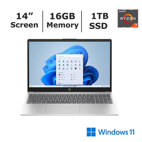 HP 14" HD Notebook – AMD Ryzen 7, 16GB RAM, 1TB SSD, Windows 11 Home