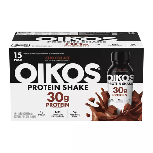 Oikos Protein Shake, Chocolate, 30g Protein, Shelf Stable, Bottles, 15 ct./12 fl. oz