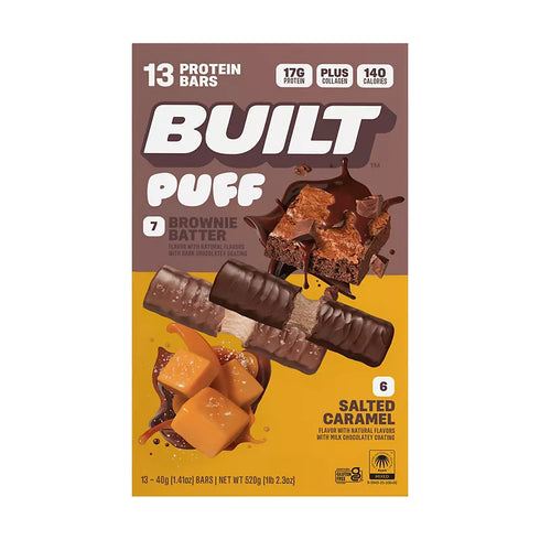 Built Puff, Protein Bar Variety Twin Pack, Brownie Batter & Salted Caramel, Value Pack, 13 ct./1.41 oz
