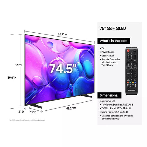 Samsung 75" Q6FD QLED 4K Smart TV with Quantum HDR, Smart Hub Streaming & 5-Year Protection Plan