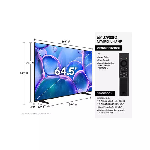 Samsung 65" U7900F Crystal UHD 4K Smart TV with Dynamic Crystal Color, Smart Hub & 4-Year Protection Plan