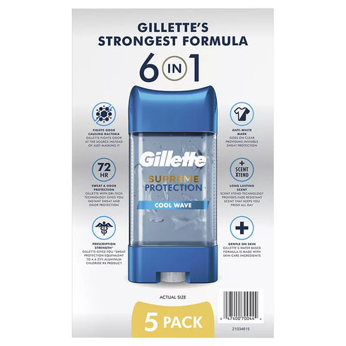 Gillette Supreme Protection Clear Gel Deodorant Cool Wave, 5 Pack 3.8 oz Each